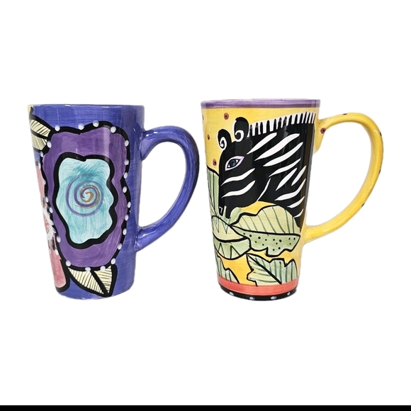 2 Laurel Burch Design Studio Zebra Floral Animal Safari  Print Colorful Mugs - Picture 1 of 11